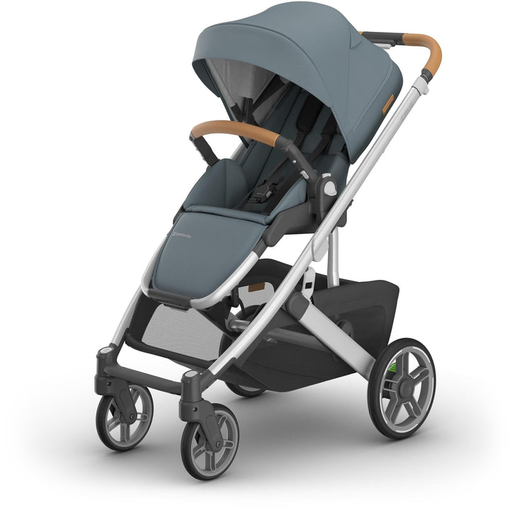 UPPAbaby Cruz V3 stroller in Callum, Stone Blue with silver frame and sand leather
