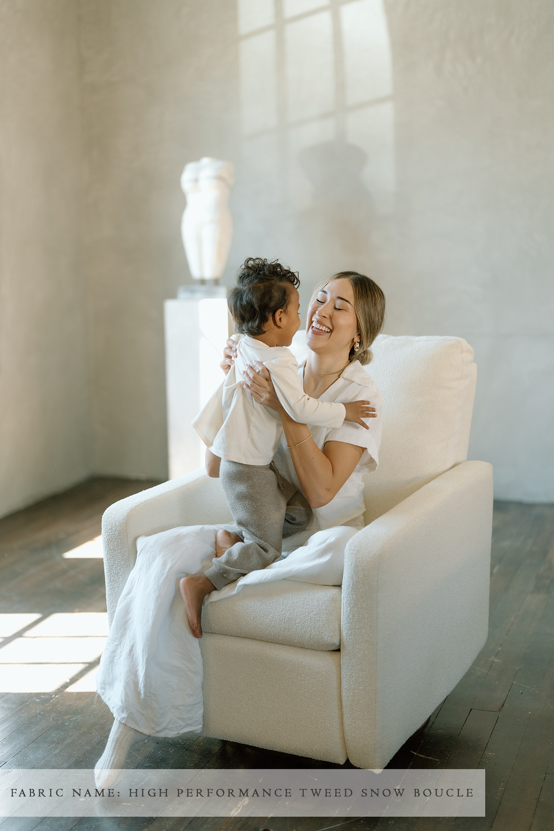 Oilo - Drew – Gliding Swivel Nursery Recliner - Round Wooden Base-Oilo, High Performance Tweed Snow Boucle-Oilo image